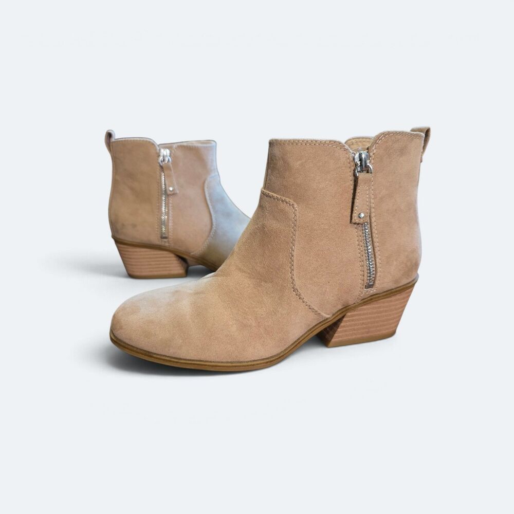 Dr. Scholl's Lawless Toast Taupe Suede Ankle Boots Western Block Heel Size 7.5 W